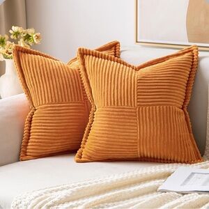 Burnt Orange Soft Corduroy SQUARE Patchwork Pillow Covers 18x18” (2-Pack)